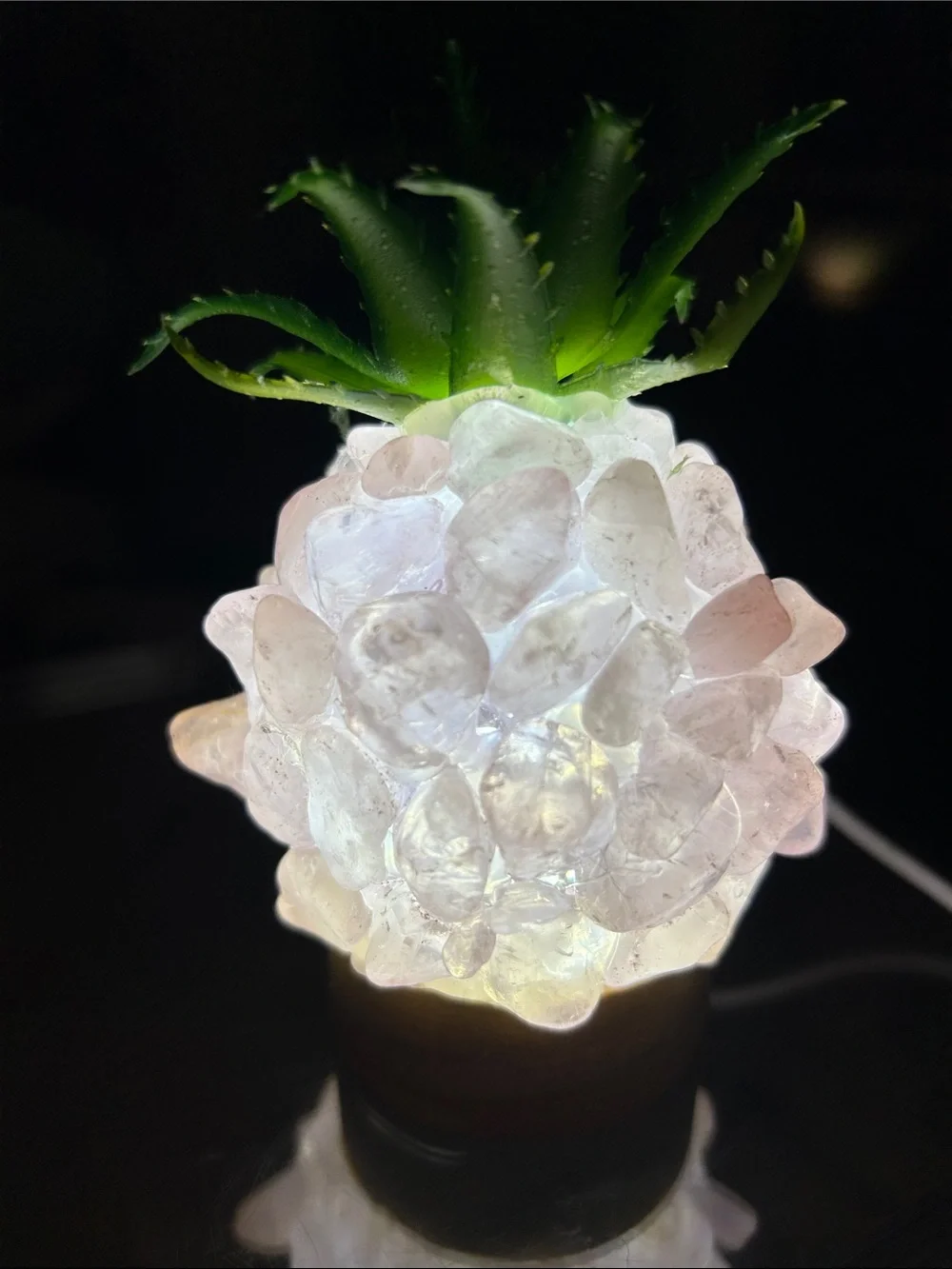 Rose Quartz Crystal Pineapple Night Light with Green Faux Top 4.75” Tall New